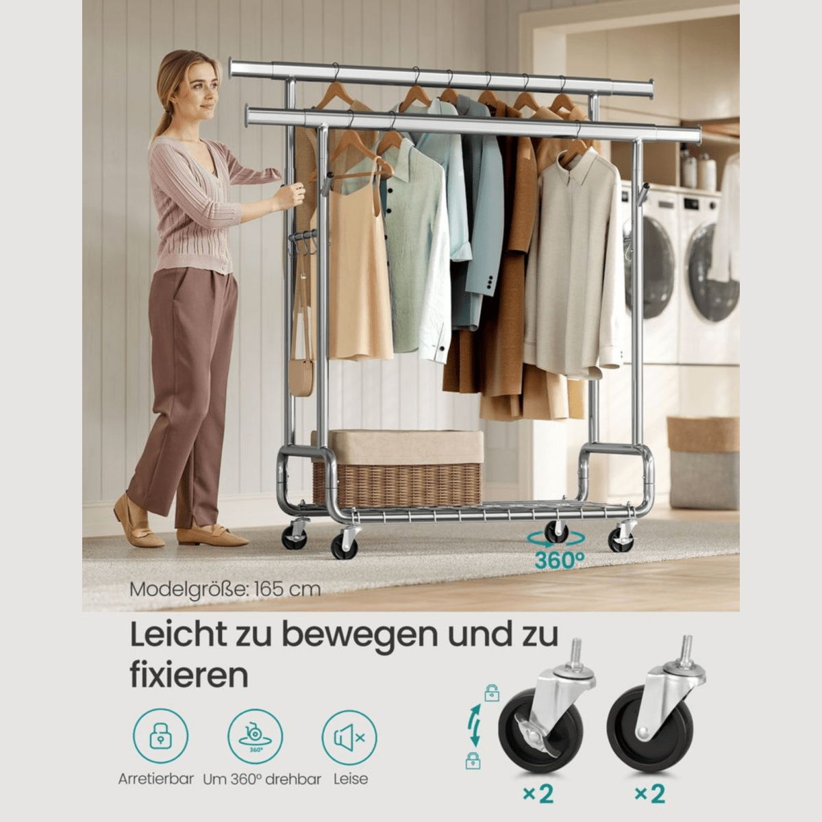 Doppel - Kleiderständer 270kg – Lena - Ausziehbar mit Rollen & Ablage - nestful