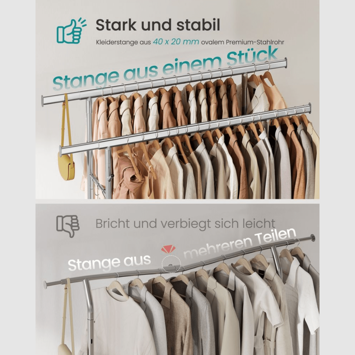 Doppel - Kleiderständer 270kg – Lena - Ausziehbar mit Rollen & Ablage - nestful