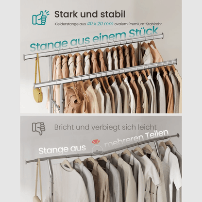 Doppel - Kleiderständer 270kg – Lena - Ausziehbar mit Rollen & Ablage - nestful