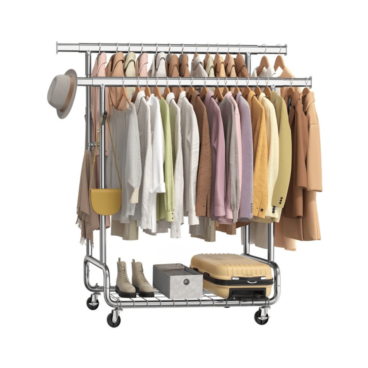 Doppel - Kleiderständer 270kg – Lena - Ausziehbar mit Rollen & Ablage - nestful