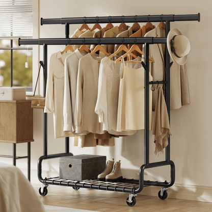 Doppel - Kleiderständer 270kg – Lena - Ausziehbar mit Rollen & Ablage - nestful