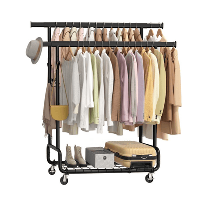 Doppel - Kleiderständer 270kg – Lena - Ausziehbar mit Rollen & Ablage - nestful