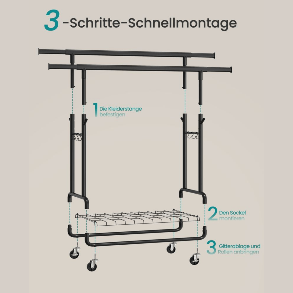 Doppel - Kleiderständer 270kg – Lena - Ausziehbar mit Rollen & Ablage - nestful