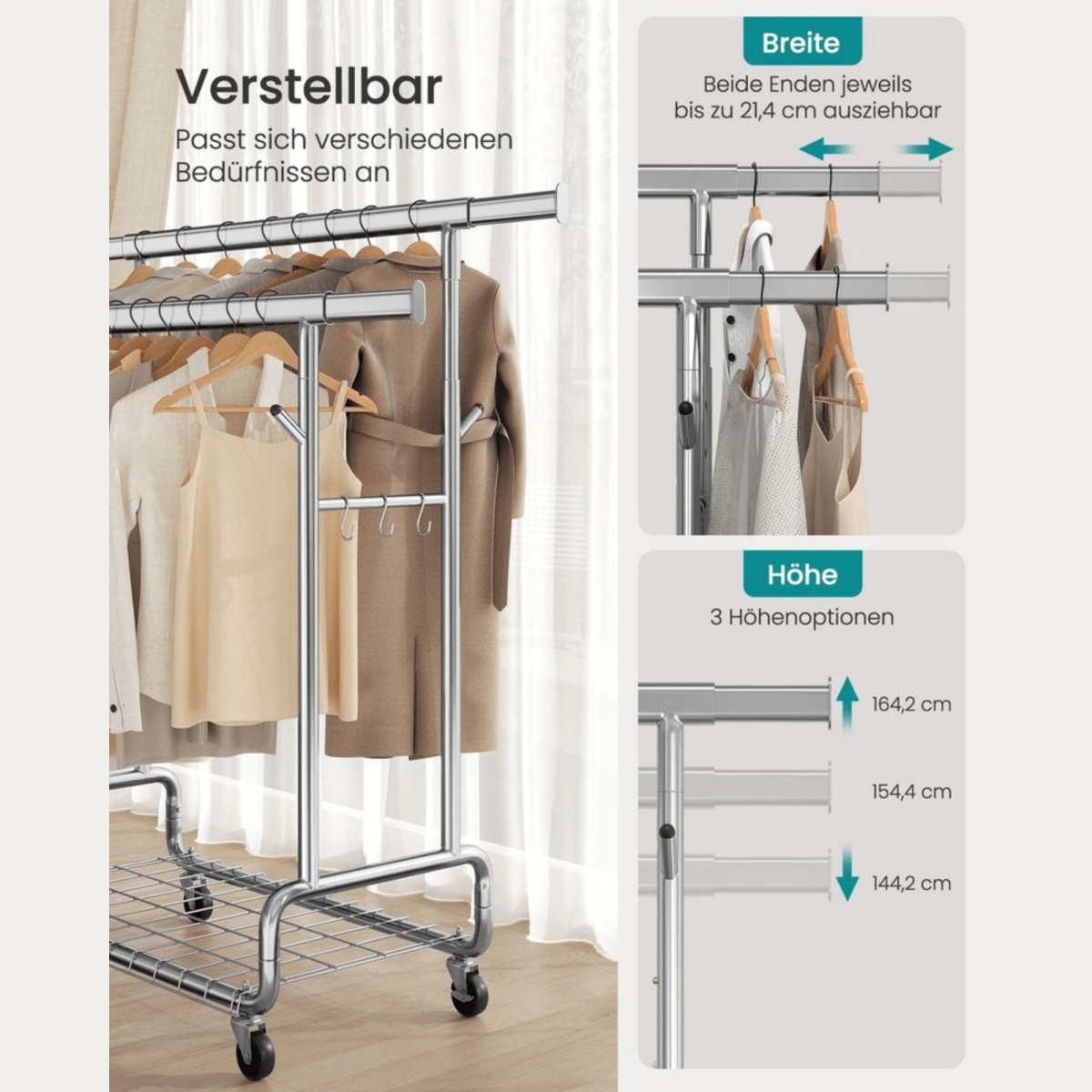 Doppel - Kleiderständer 270kg – Lena - Ausziehbar mit Rollen & Ablage - nestful