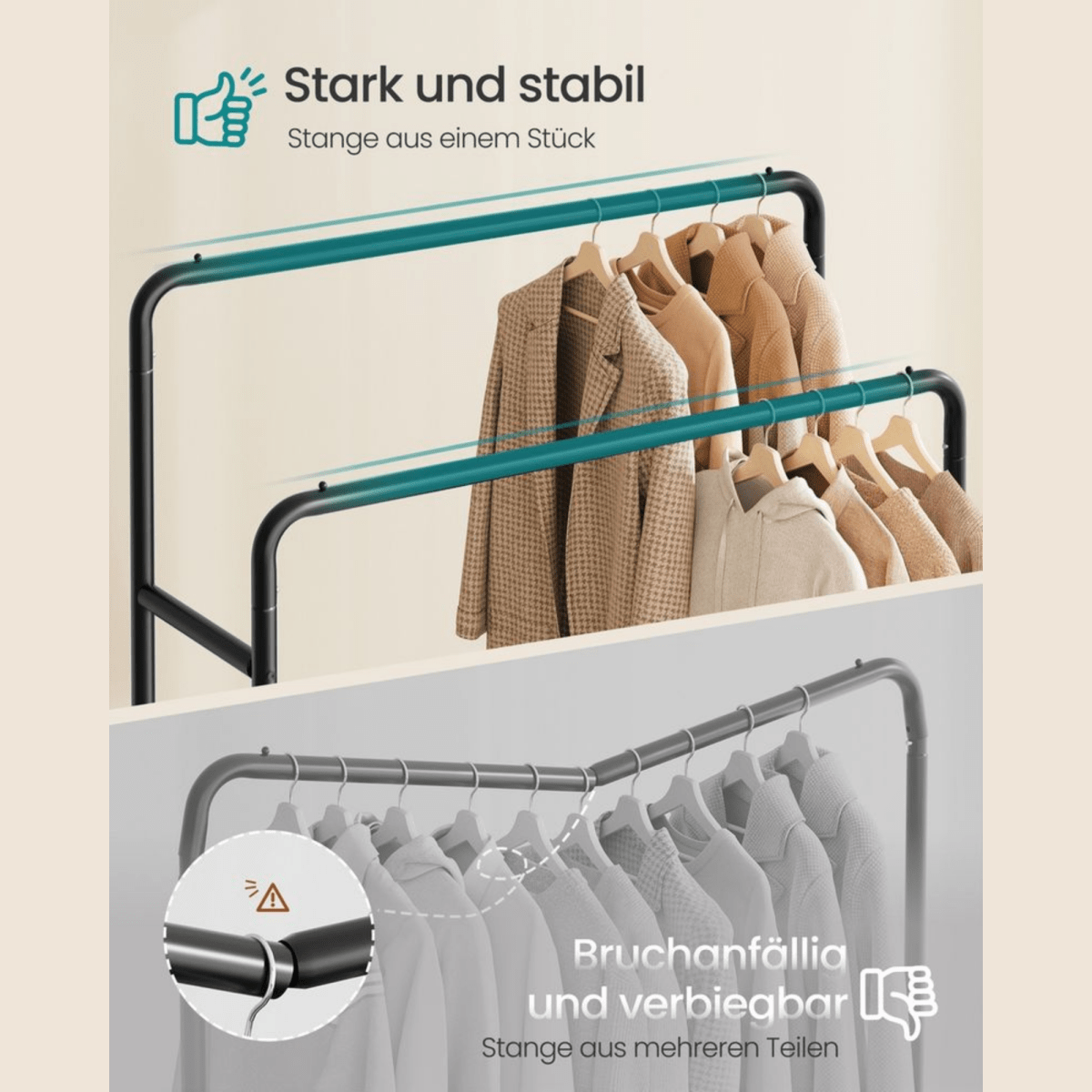 Doppel - Kleiderständer mit Rollen 90kg – Lotta – Extra Stauraum in Schwarz - nestful