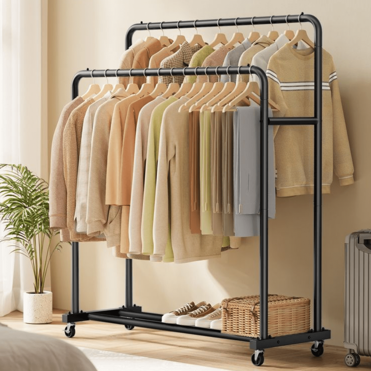 Doppel - Kleiderständer mit Rollen 90kg – Lotta – Extra Stauraum in Schwarz - nestful