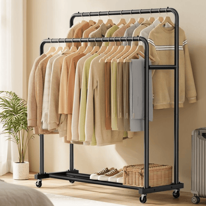 Doppel - Kleiderständer mit Rollen 90kg – Lotta – Extra Stauraum in Schwarz - nestful