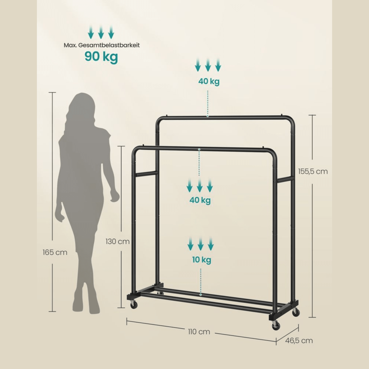 Doppel - Kleiderständer mit Rollen 90kg – Lotta – Extra Stauraum in Schwarz - nestful
