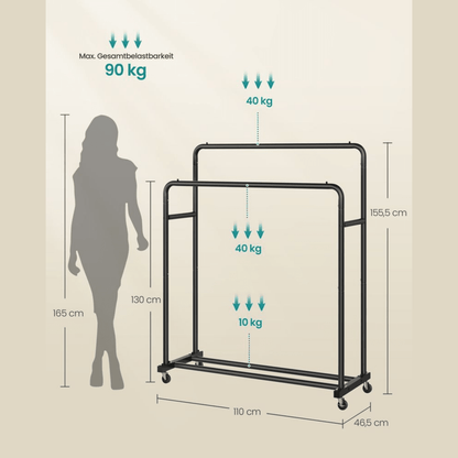 Doppel - Kleiderständer mit Rollen 90kg – Lotta – Extra Stauraum in Schwarz - nestful