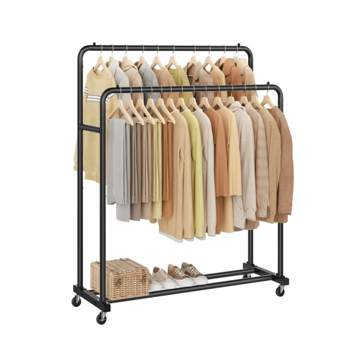 Doppel - Kleiderständer mit Rollen 90kg – Lotta – Extra Stauraum in Schwarz - nestful