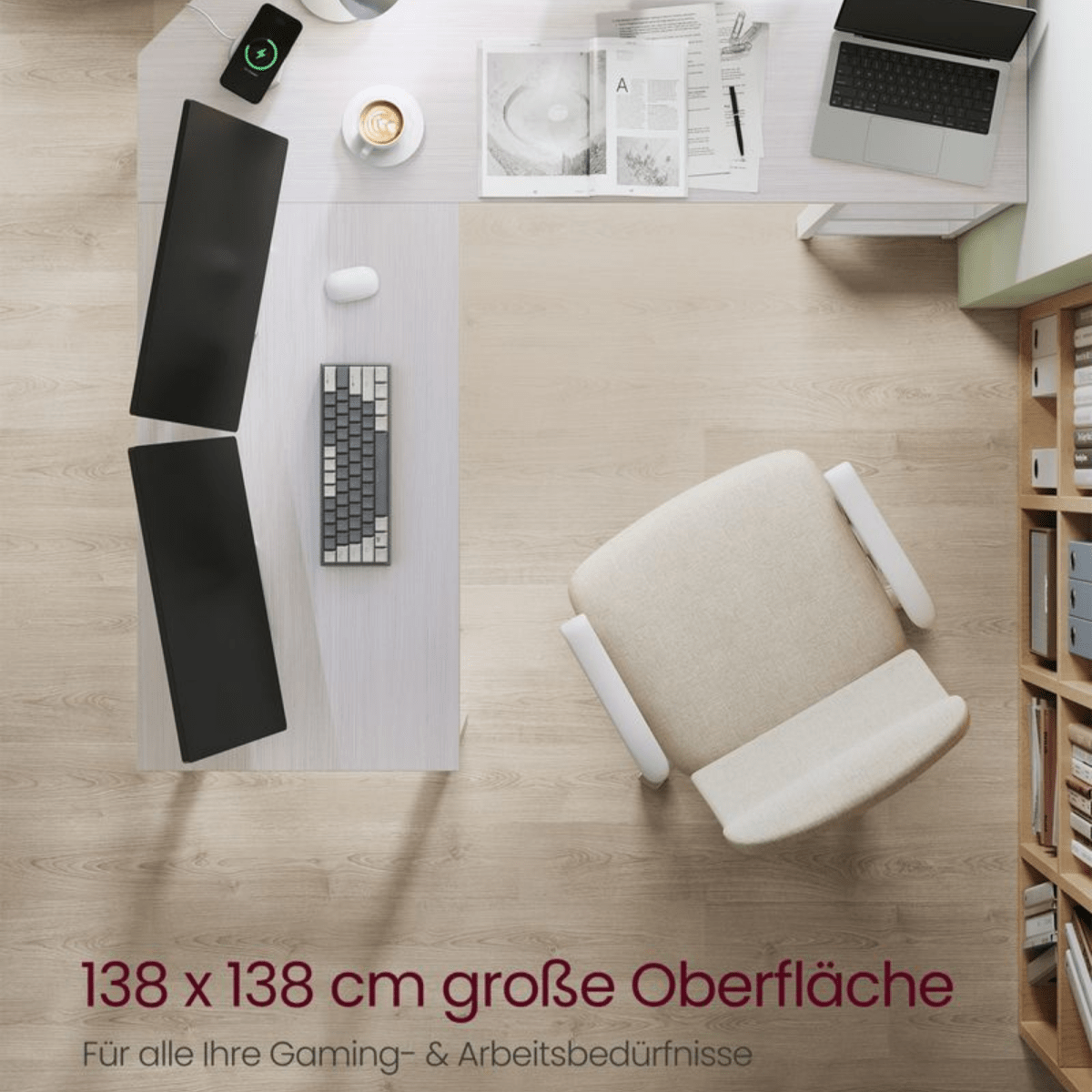 Eckschreibtisch 138 × 138 cm – Arno – mit Ablagen im Industrie - Design - nestful