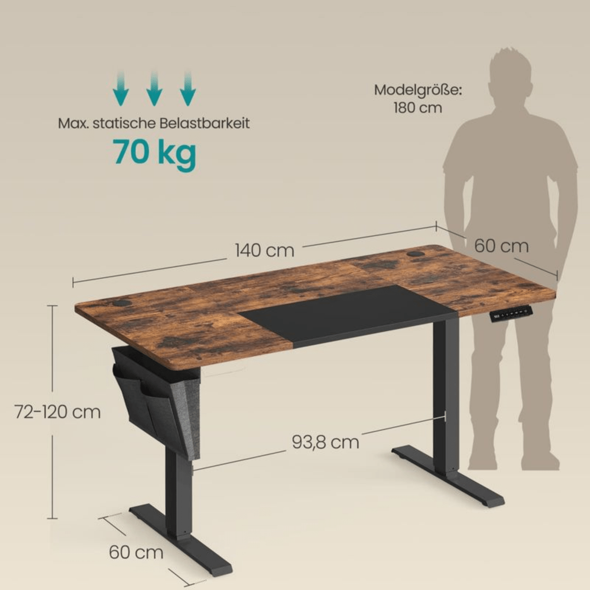 Elektrisch höhenverstellbarer Schreibtisch 120/140 × 60 cm – Kian – mit Memory & Stauraum - nestful