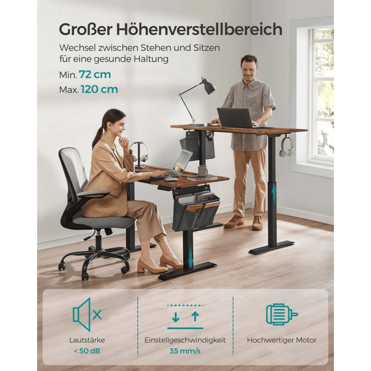 Elektrisch höhenverstellbarer Schreibtisch 120/140 × 60 cm – Kian – mit Memory & Stauraum - nestful