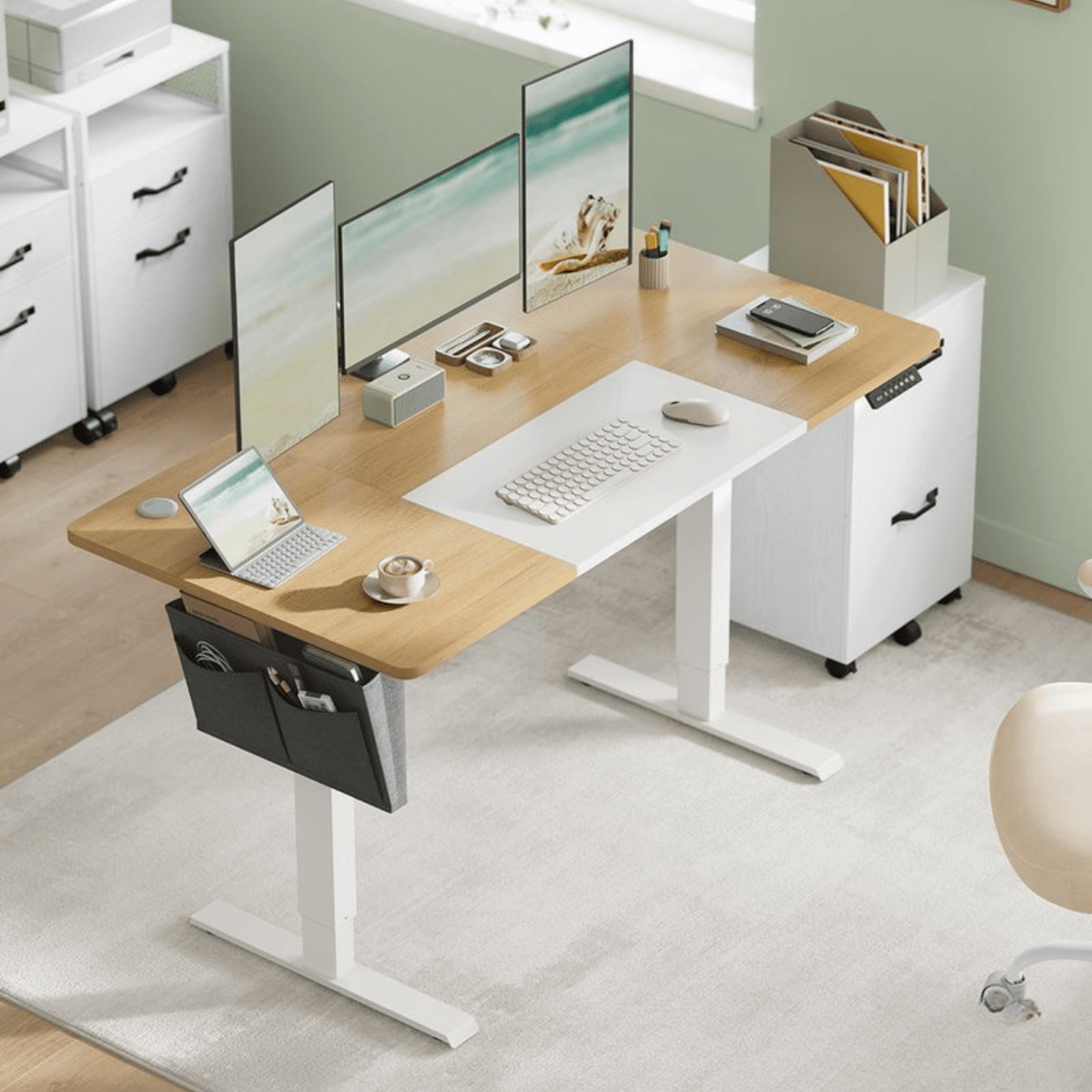 Elektrisch höhenverstellbarer Schreibtisch 120/140 × 60 cm – Kian – mit Memory & Stauraum - nestful