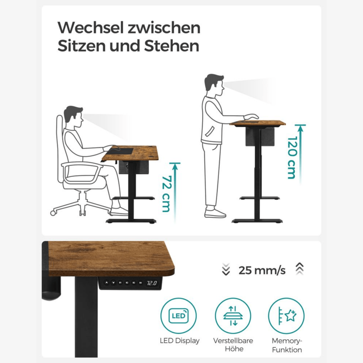 Elektrisch höhenverstellbarer Schreibtisch 120/140 × 60 cm – Kian – mit Memory & Stauraum - nestful
