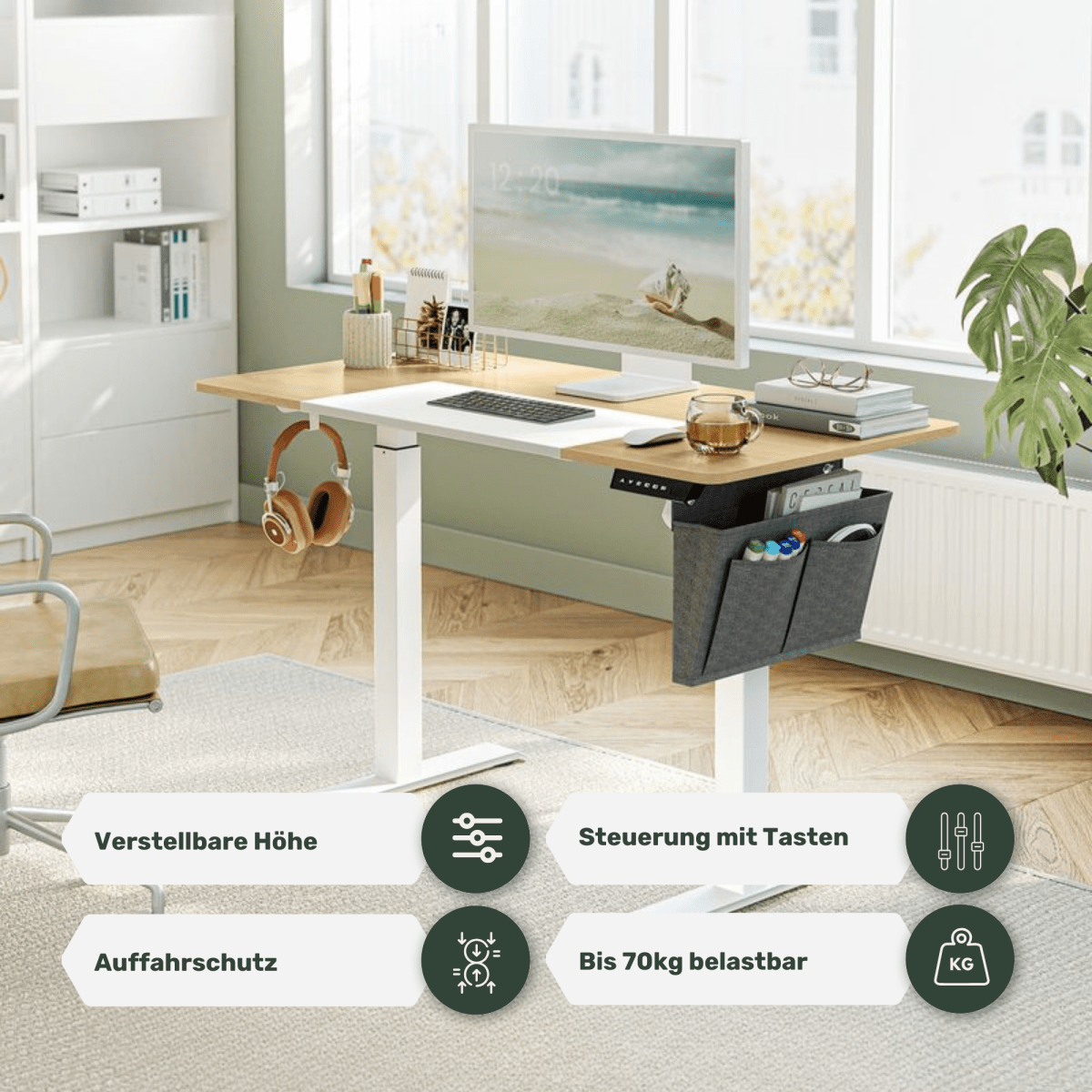 Elektrisch höhenverstellbarer Schreibtisch 120/140 × 60 cm – Kian – mit Memory & Stauraum - nestful