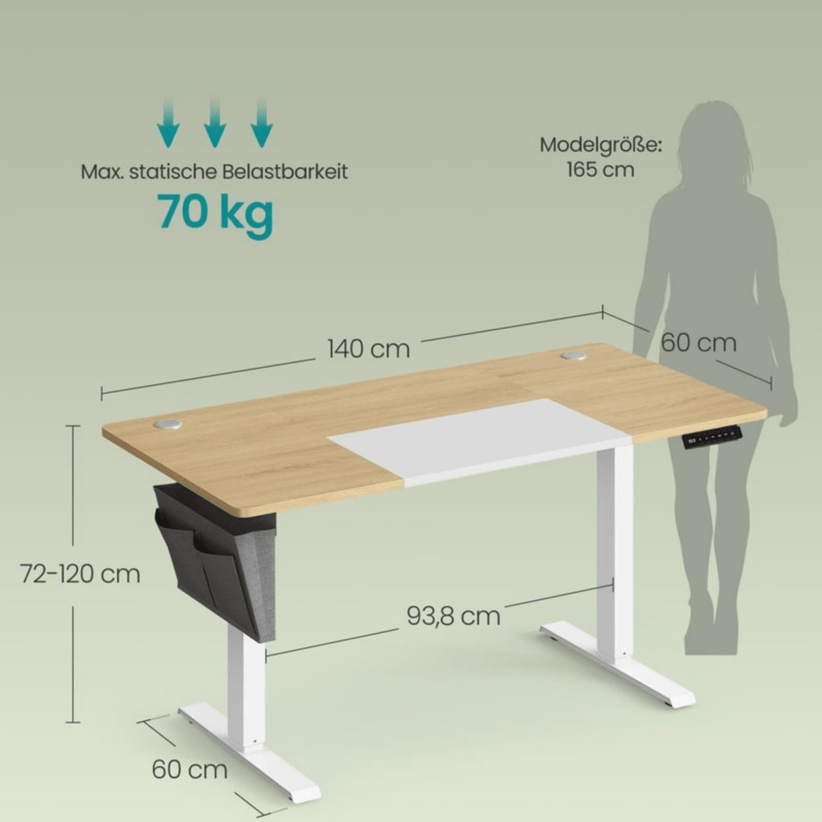 Elektrisch höhenverstellbarer Schreibtisch 120/140 × 60 cm – Kian – mit Memory & Stauraum - nestful