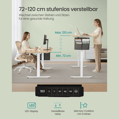 Elektrisch höhenverstellbarer Schreibtisch 120/140 × 60 cm – Kian – mit Memory & Stauraum - nestful