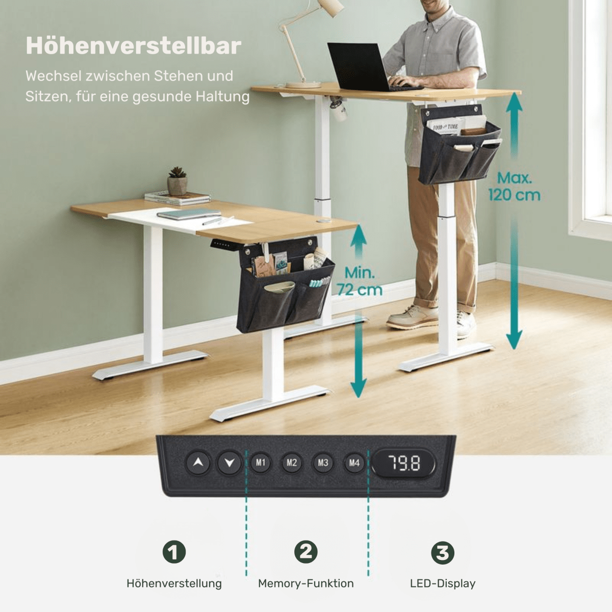 Elektrisch höhenverstellbarer Schreibtisch 120/140 × 60 cm – Kian – mit Memory & Stauraum - nestful