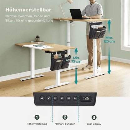 Elektrisch höhenverstellbarer Schreibtisch 120/140 × 60 cm – Kian – mit Memory & Stauraum - nestful
