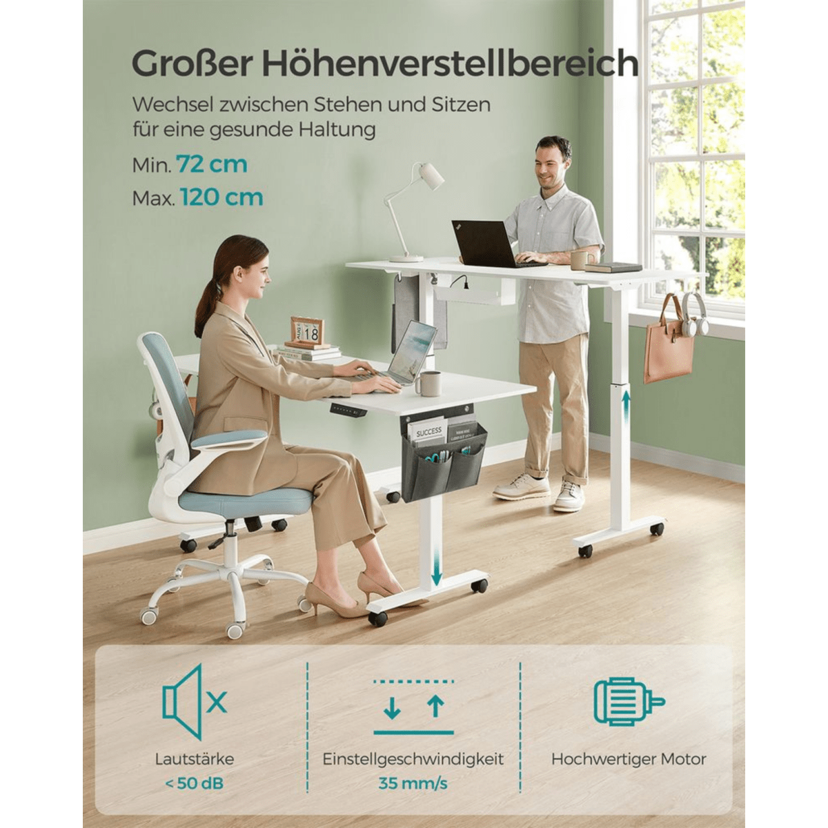 Elektrisch höhenverstellbarer Schreibtisch 120/140 × 60 cm – Kian – mit Memory & Stauraum - nestful
