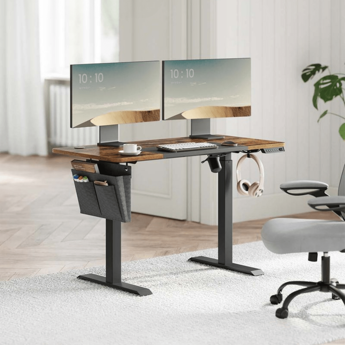 Elektrisch höhenverstellbarer Schreibtisch 120/140 × 60 cm – Kian – mit Memory & Stauraum - nestful