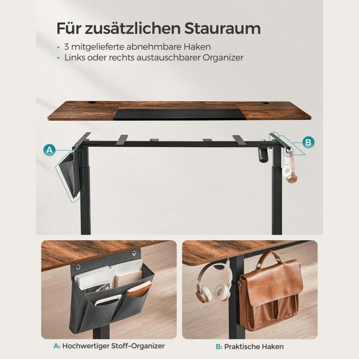 Elektrisch höhenverstellbarer Schreibtisch 120/140 × 60 cm – Kian – mit Memory & Stauraum - nestful