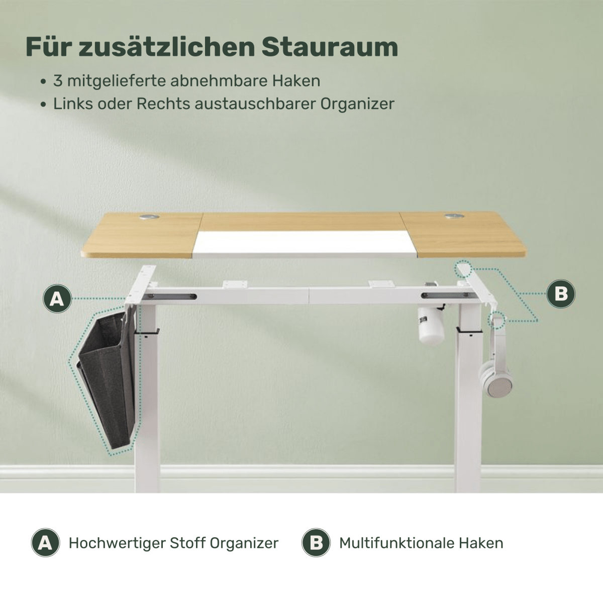 Elektrisch höhenverstellbarer Schreibtisch 120/140 × 60 cm – Kian – mit Memory & Stauraum - nestful