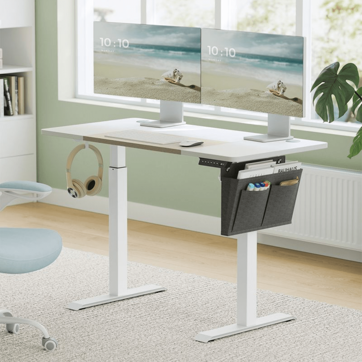 Elektrisch höhenverstellbarer Schreibtisch 120/140 × 60 cm – Kian – mit Memory & Stauraum - nestful