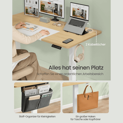 Elektrisch höhenverstellbarer Schreibtisch 120/140 × 60 cm – Kian – mit Memory & Stauraum - nestful