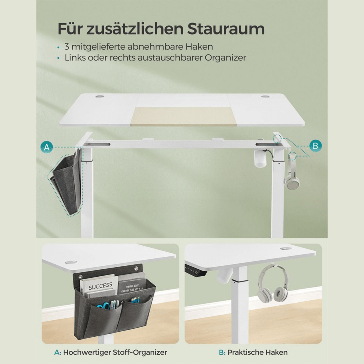 Elektrisch höhenverstellbarer Schreibtisch 120/140 × 60 cm – Kian – mit Memory & Stauraum - nestful