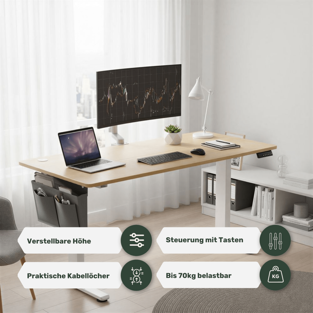 Elektrisch höhenverstellbarer Schreibtisch 160 × 70 cm – Juno – mit Memory & Organizer - nestful