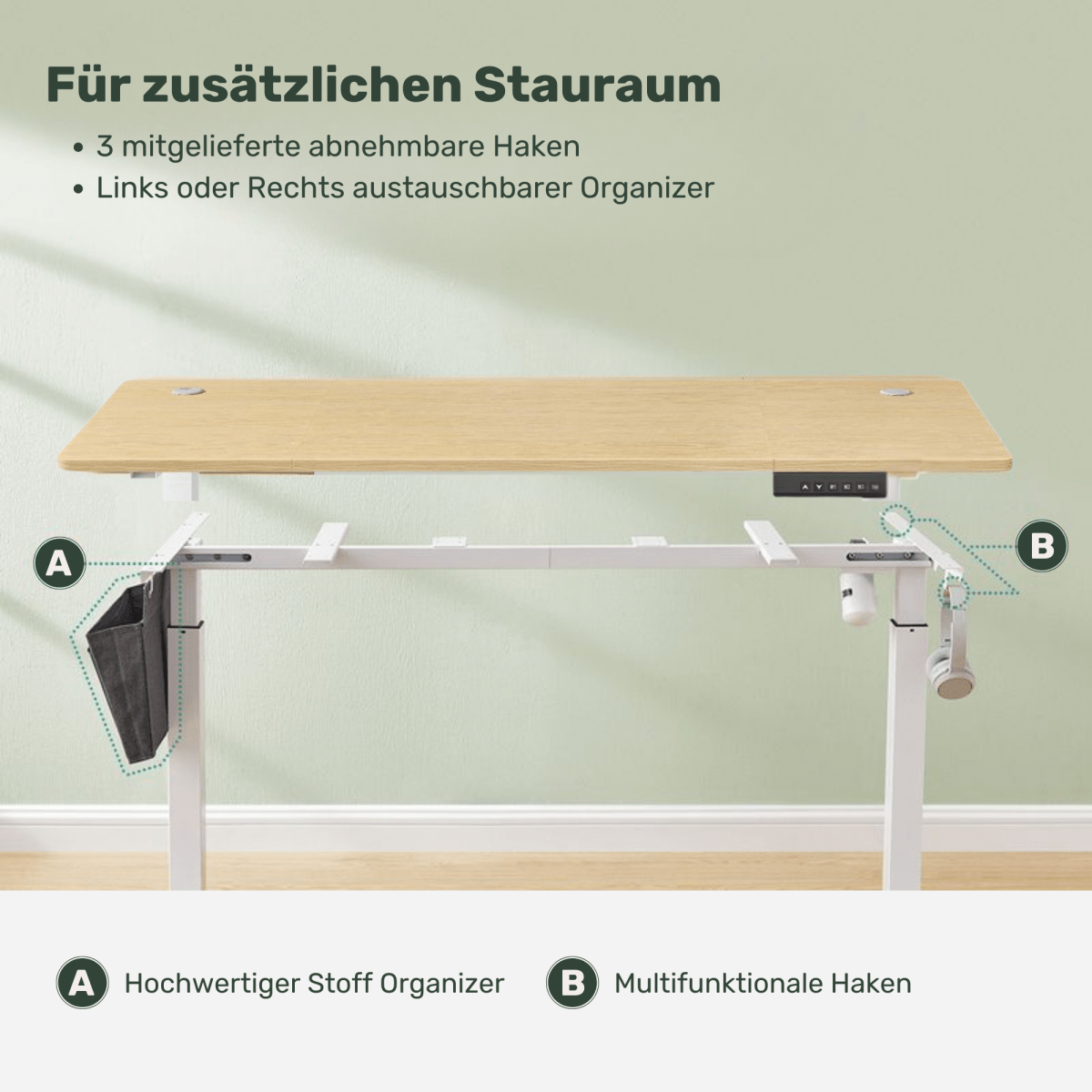 Elektrisch höhenverstellbarer Schreibtisch 160 × 70 cm – Juno – mit Memory & Organizer - nestful