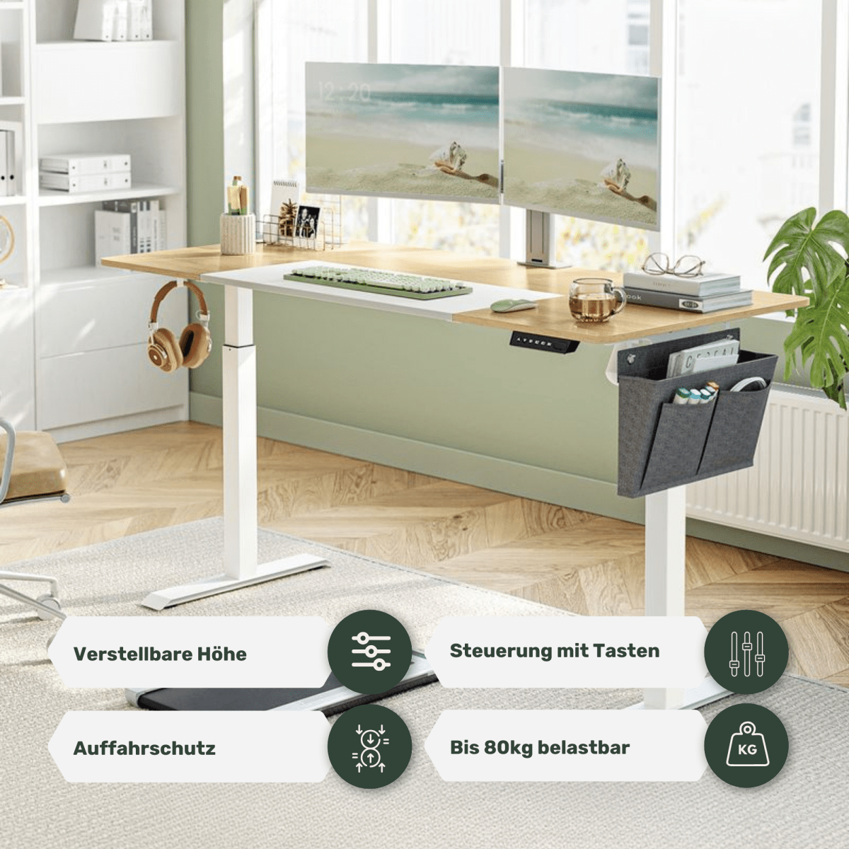 Elektrisch höhenverstellbarer Schreibtisch 160 × 70 cm – Lio – mit Memory & Stauraum - nestful