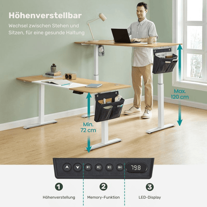 Elektrisch höhenverstellbarer Schreibtisch 160 × 70 cm – Lio – mit Memory & Stauraum - nestful