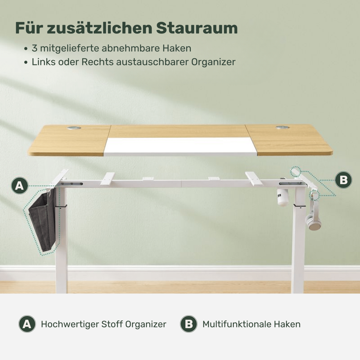 Elektrisch höhenverstellbarer Schreibtisch 160 × 70 cm – Lio – mit Memory & Stauraum - nestful