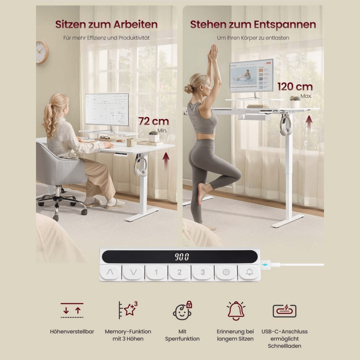 Elektrisch höhenverstellbarer Schreibtisch – Miro – mit Monitorständer, Memory & USB - nestful