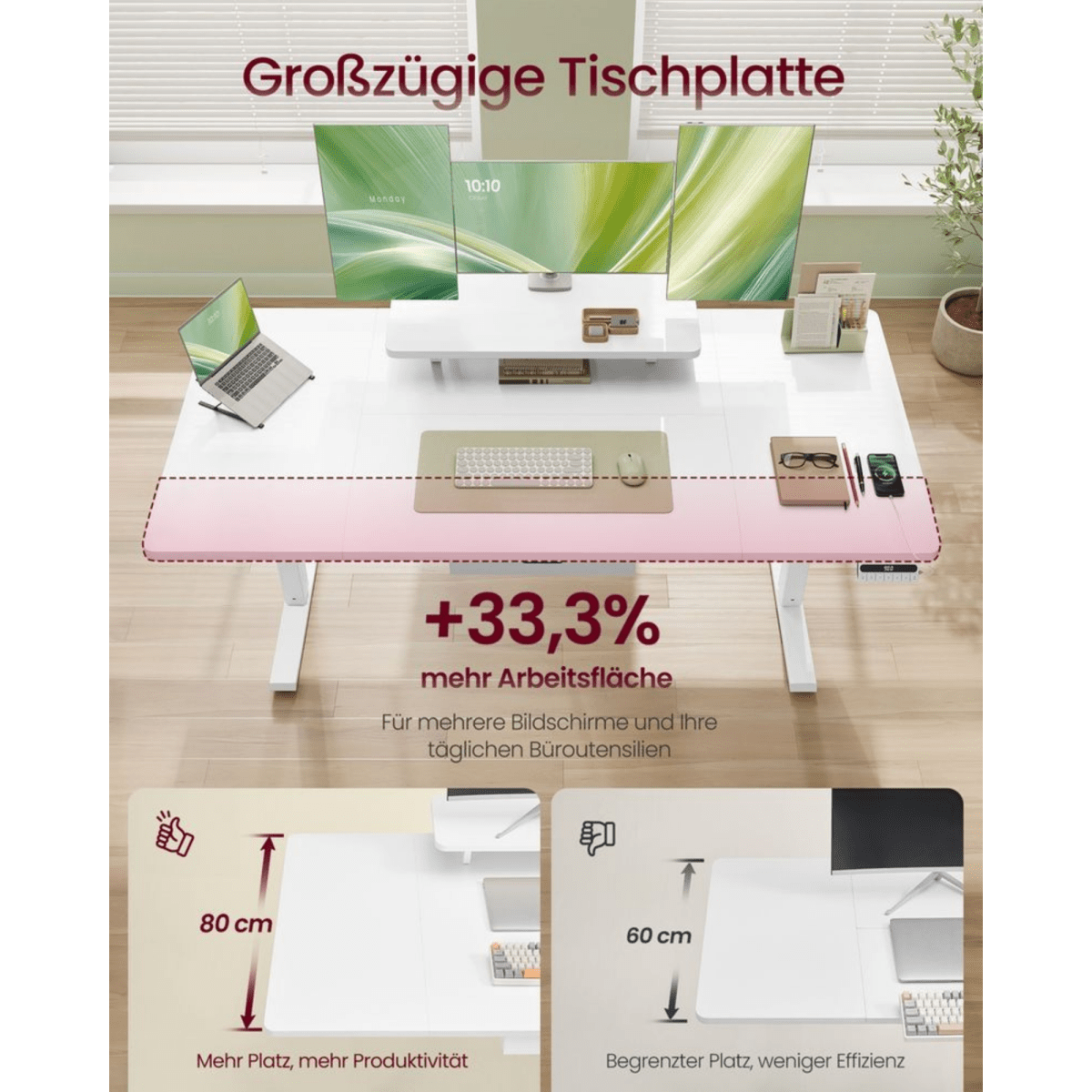 Elektrisch höhenverstellbarer Schreibtisch – Miro – mit Monitorständer, Memory & USB - nestful