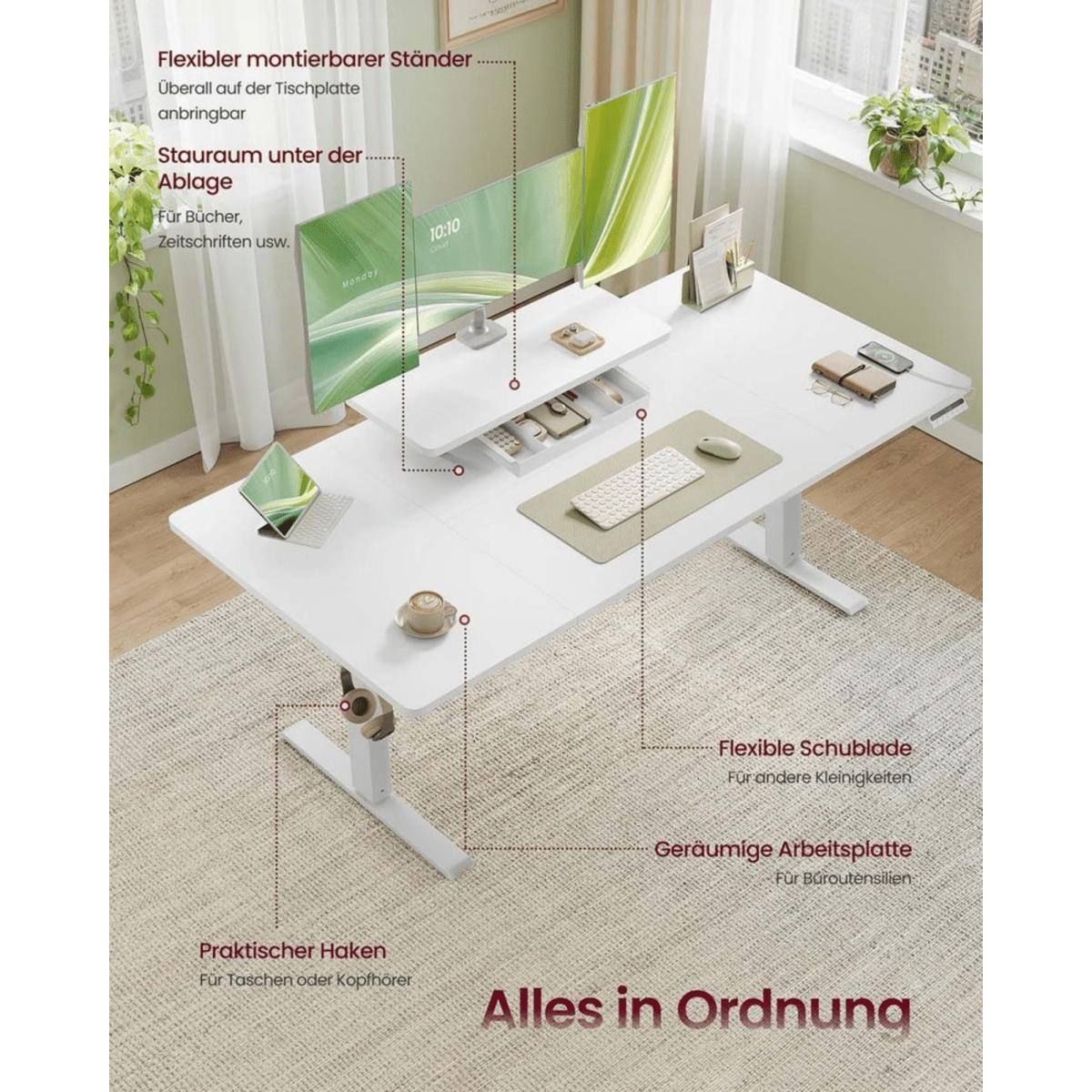 Elektrisch höhenverstellbarer Schreibtisch – Miro – mit Monitorständer, Memory & USB - nestful