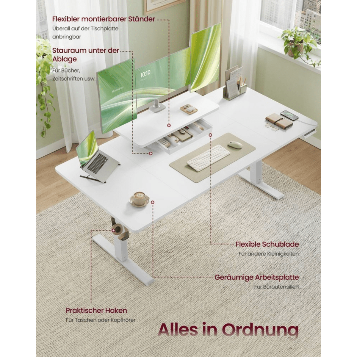 Elektrisch höhenverstellbarer Schreibtisch – Miro – mit Monitorständer, Memory & USB - nestful