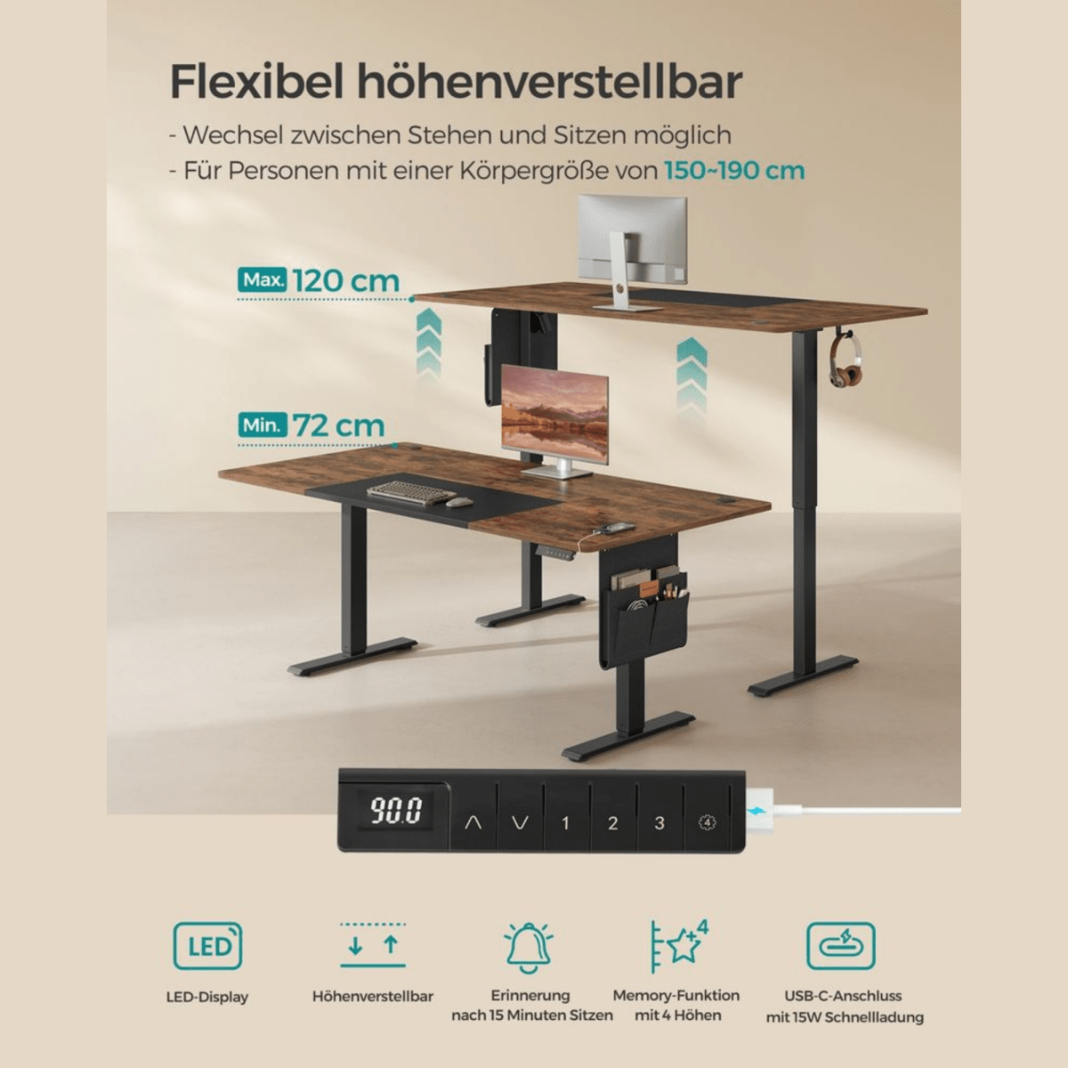 Elektrisch höhenverstellbarer Schreibtisch – Nilo – mit Memory & Kabelmanagement - nestful