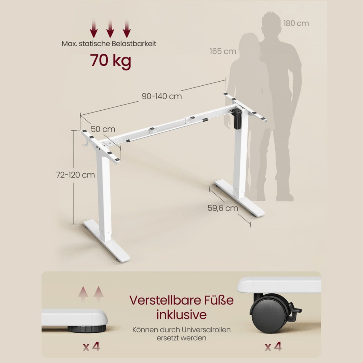 Elektrisches Schreibtischgestell höhenverstellbar 90–140 cm – Arvo – Memory & Rollen - nestful