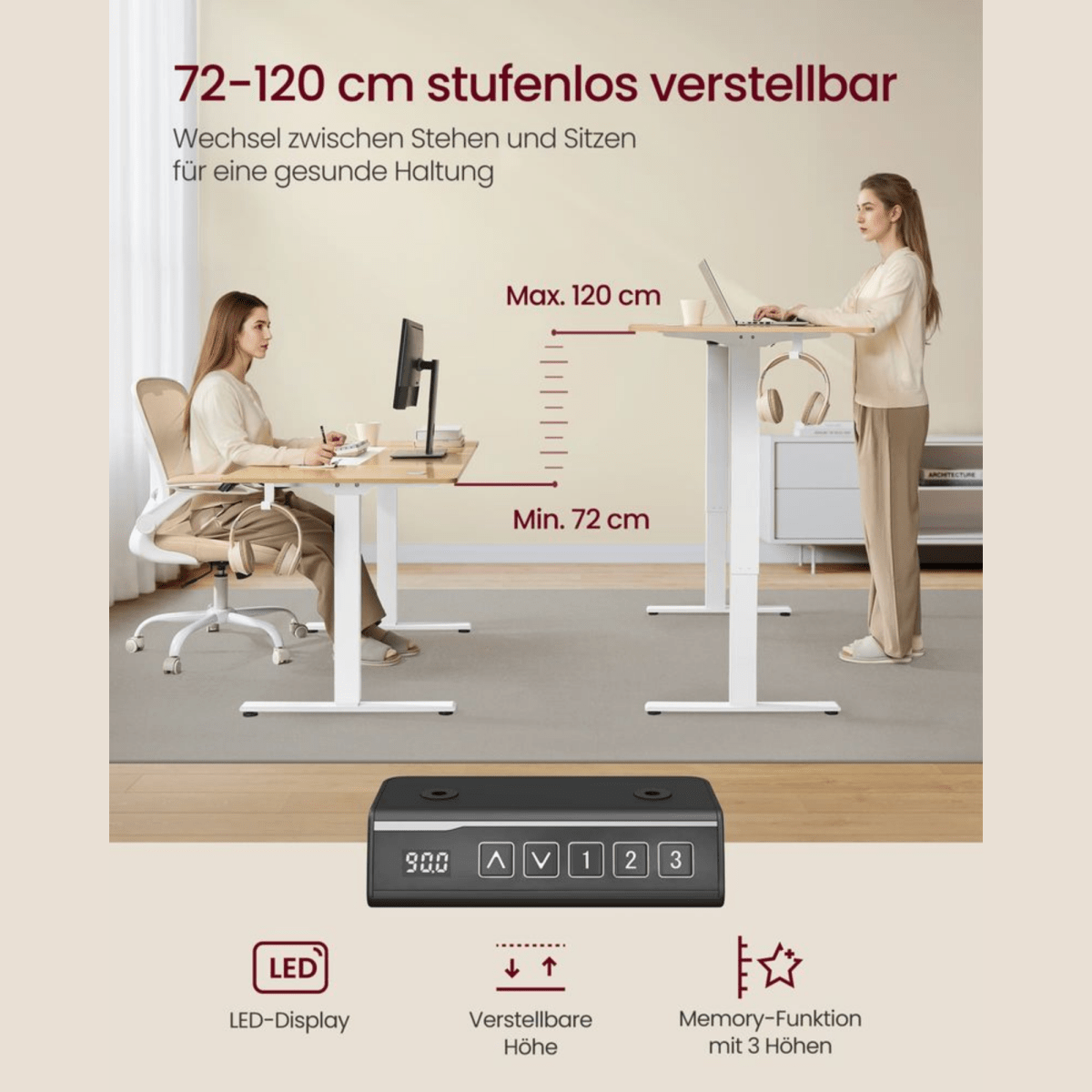 Elektrisches Schreibtischgestell höhenverstellbar 90–140 cm – Arvo – Memory & Rollen - nestful