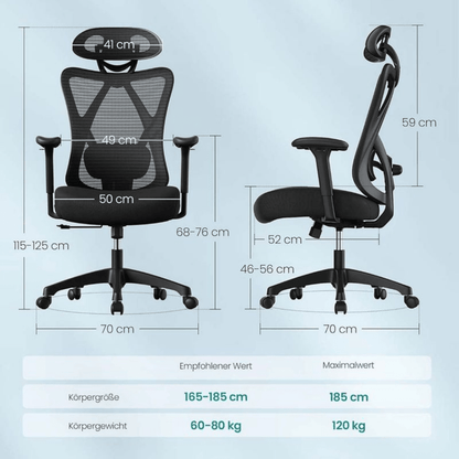 Ergonomischer Bürostuhl – Arvo – verstellbar bis 150 kg mit Kopfstütze & Lendenstütze - nestful