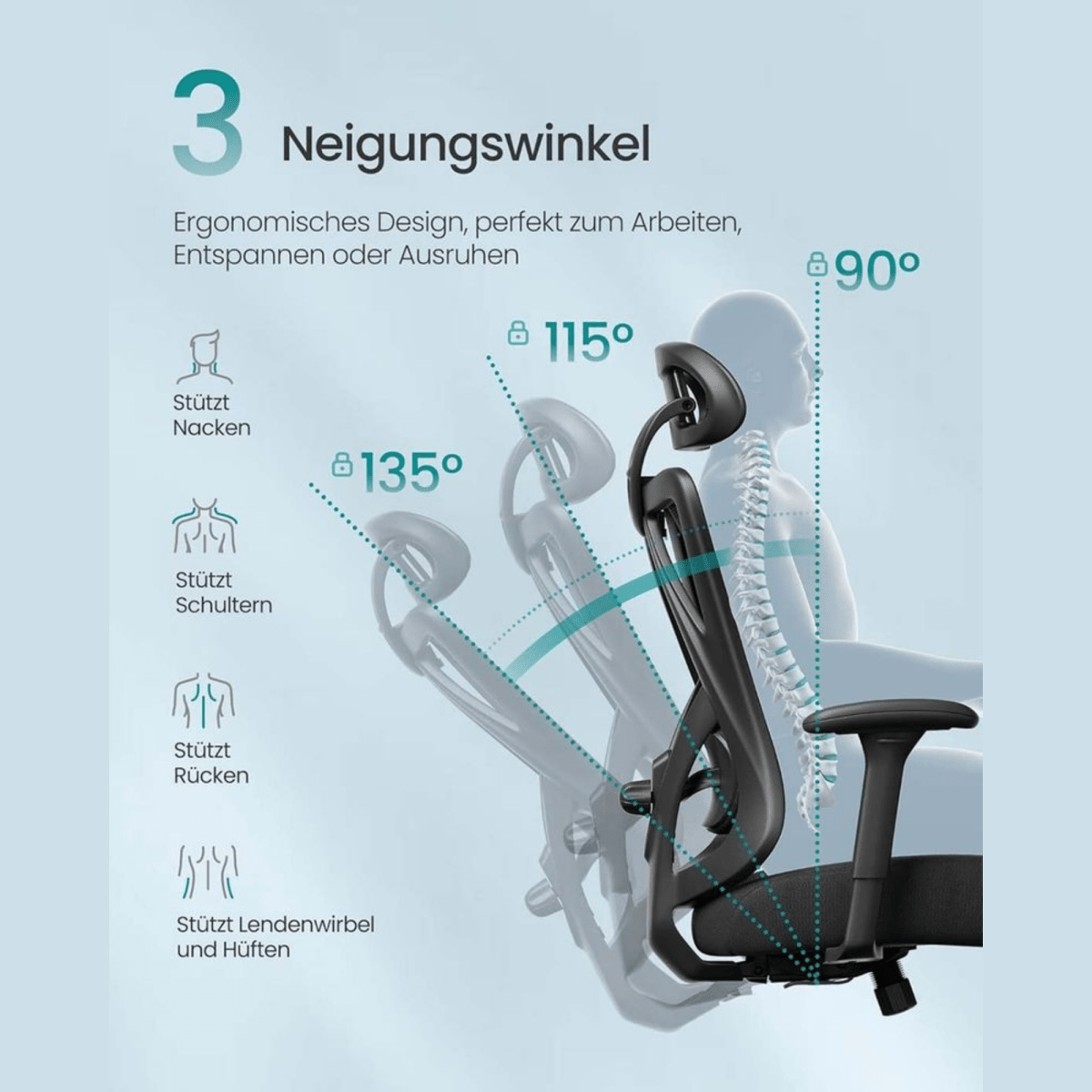 Ergonomischer Bürostuhl – Arvo – verstellbar bis 150 kg mit Kopfstütze & Lendenstütze - nestful
