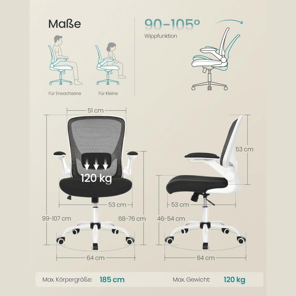 Ergonomischer Bürostuhl – Vero – mit klappbaren Armlehnen & Netzrücken - nestful