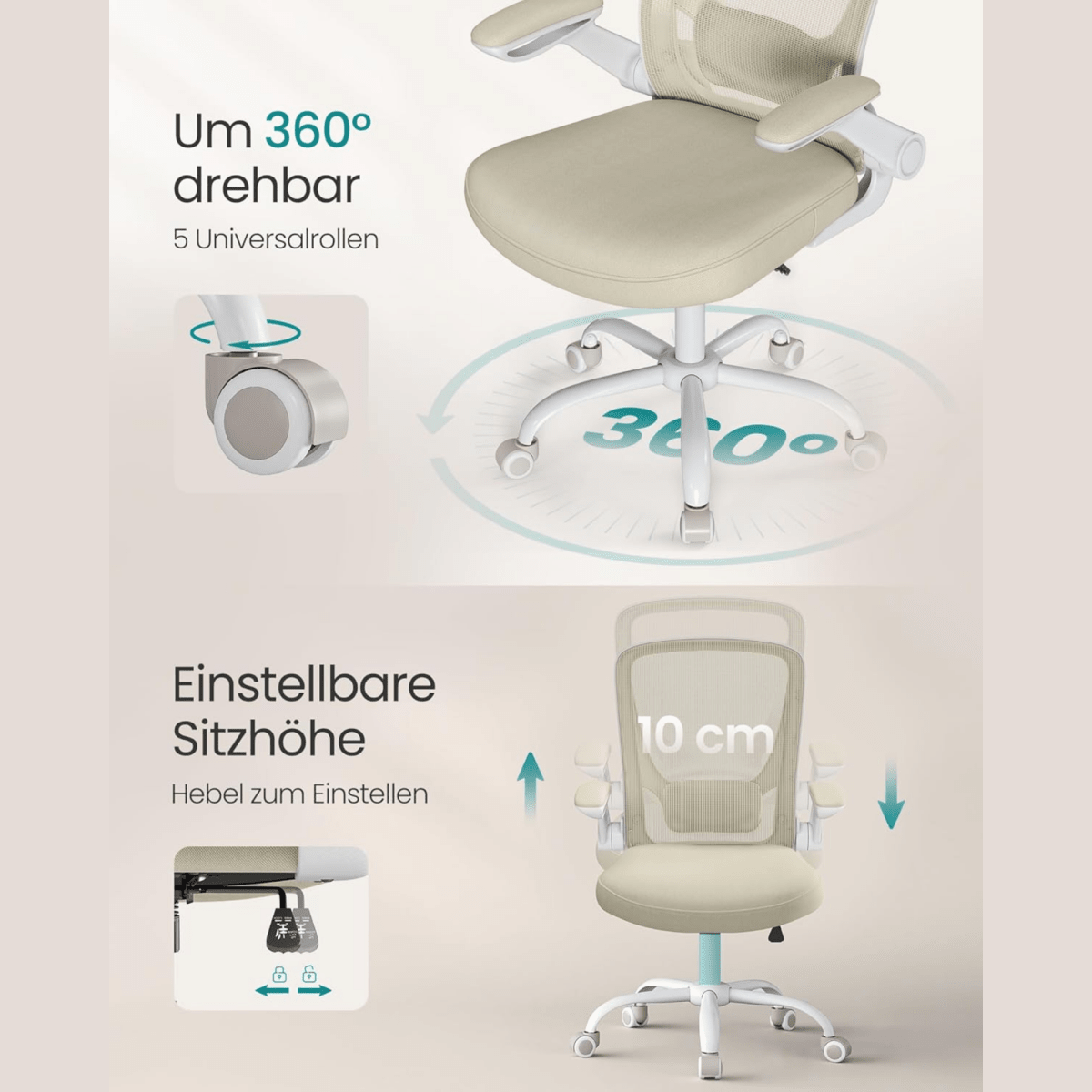 Ergonomischer Bürostuhl – Vero – mit klappbaren Armlehnen & Netzrücken - nestful