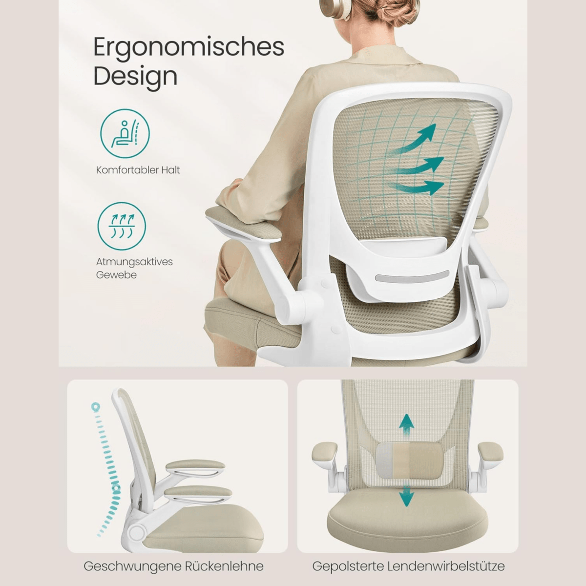 Ergonomischer Bürostuhl – Vero – mit klappbaren Armlehnen & Netzrücken - nestful