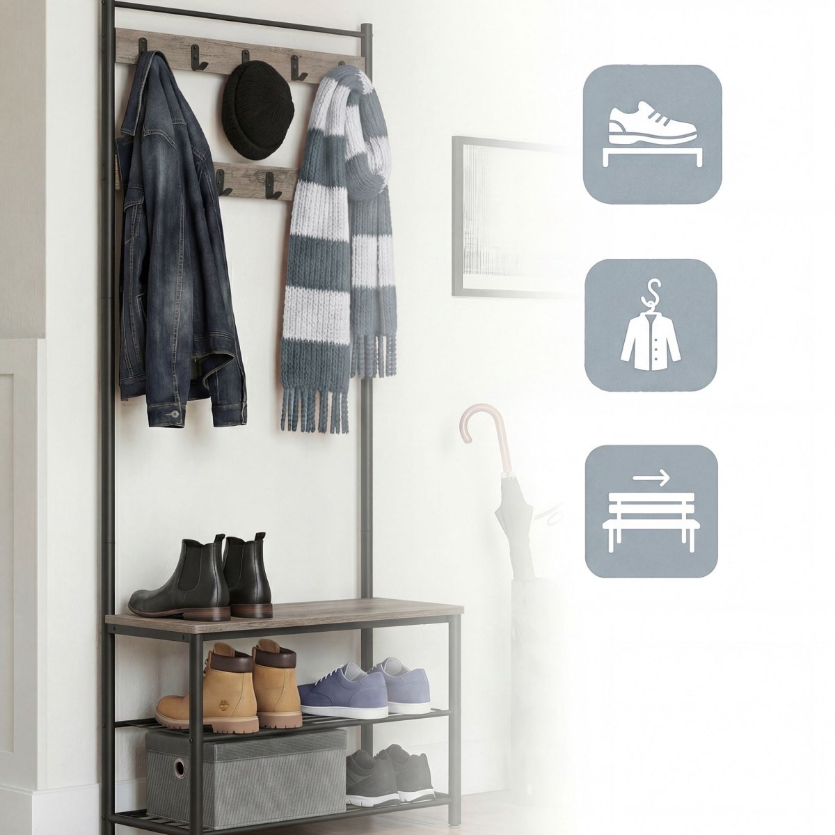 Garderobenständer – Bennet – mit Sitzbank & Schuhablagen – 70 cm - nestful