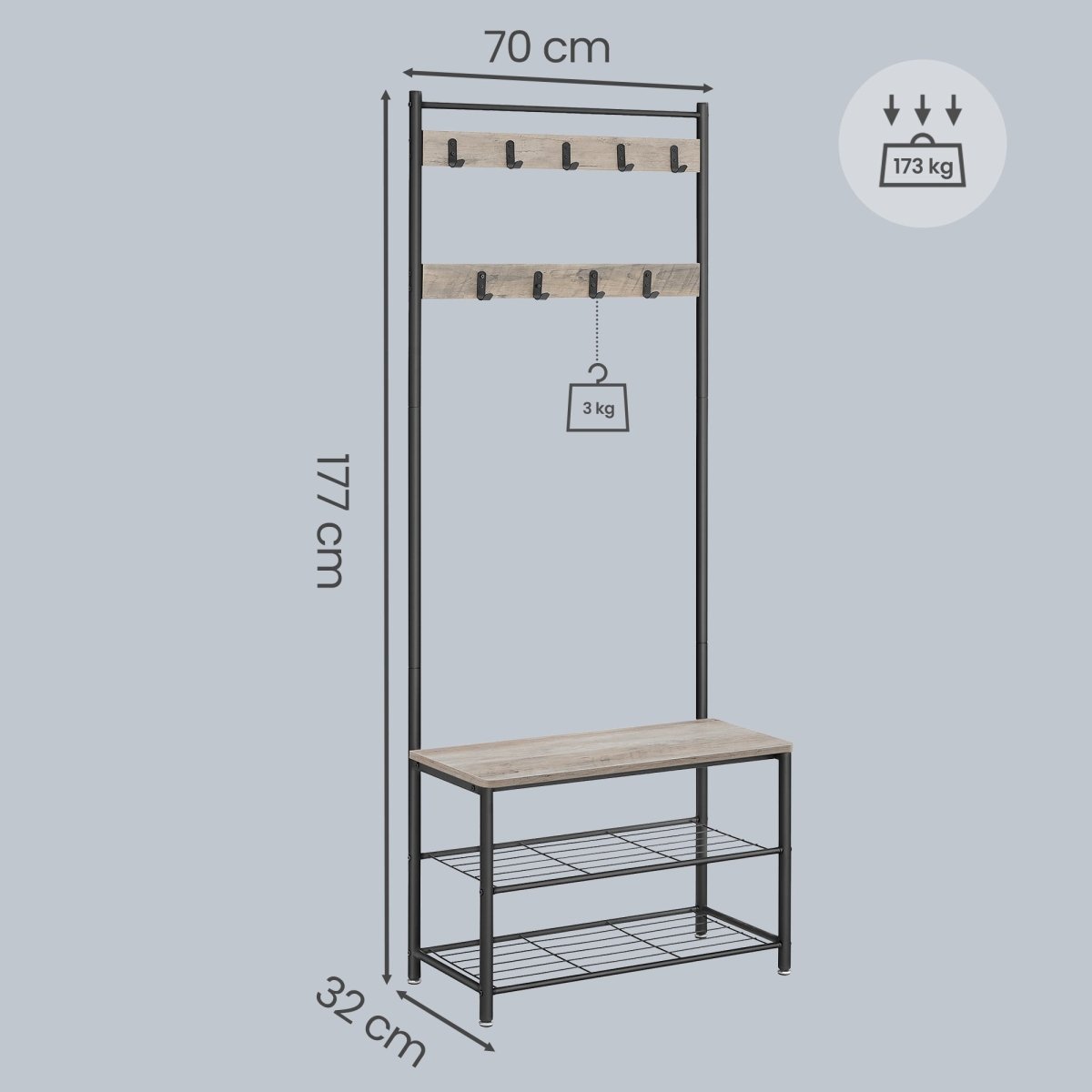Garderobenständer – Bennet – mit Sitzbank & Schuhablagen – 70 cm - nestful